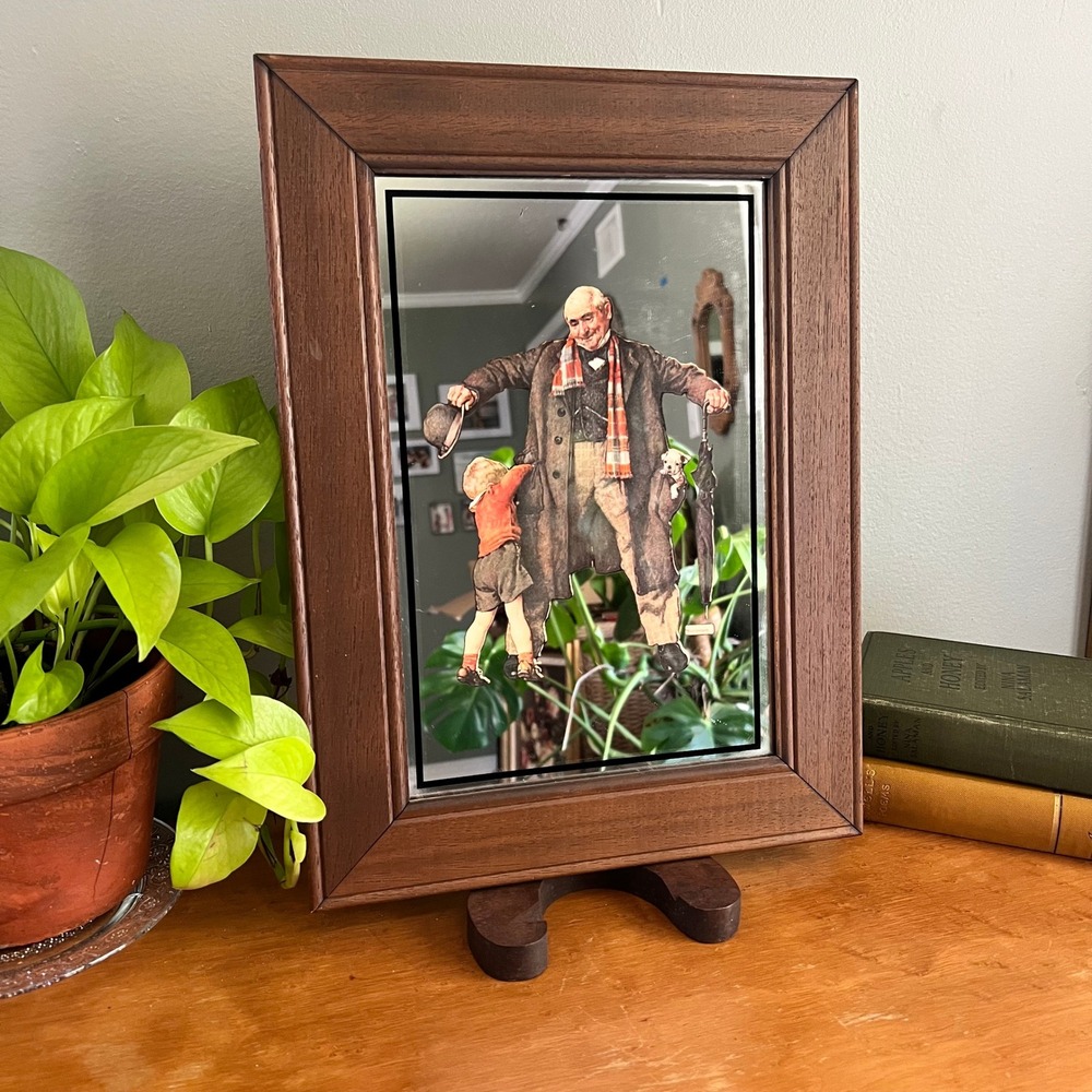 Vintage Norman Rockwell The Gift Grandfather and Grandson Wood Framed Mirror